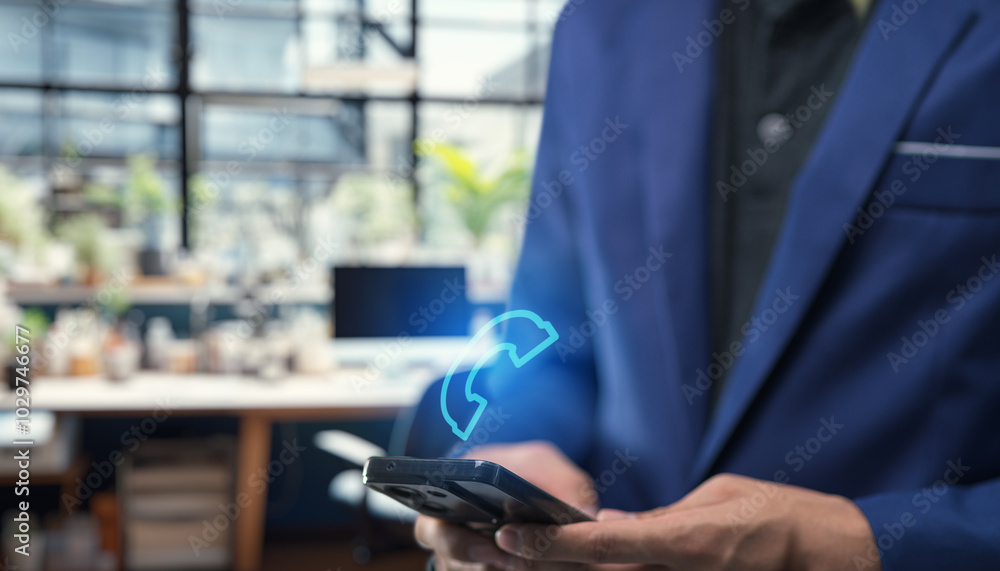 Businessman Using Smartphone with Call Icon Overlay Businessman Using Smartphone with Call Icon Overlay