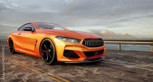 Fotografie A high-quality, royalty-free 3D rendering of an orange sports car driving on a scenic coastal road, under a cloudy sky