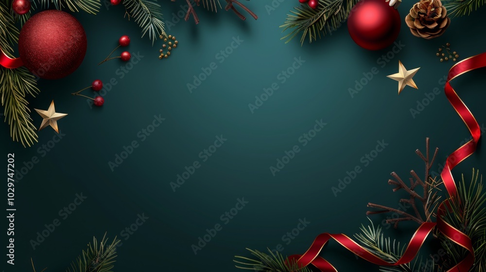 Festive Christmas and Happy New Year background featuring golden stars, green branches frame, red ornament, and ribbon decoration on dark green color, perfect for design. Festive Christmas and Happy New Year background featuring golden stars, green branches frame, red ornament, and ribbon decoration on dark green color, perfect for design.