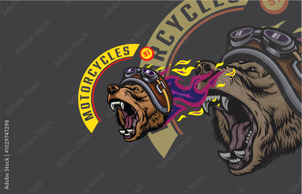 A fierce bear character in a helmet and goggles with purple flames, symbolizing speed and intensity in motorcycle culture. A fierce bear character in a helmet and goggles with purple flames, symbolizing speed and intensity in motorcycle culture.