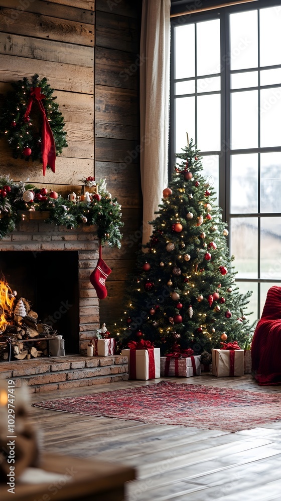Holiday able with christmas tree and fireplace with copy space Holiday able with christmas tree and fireplace with copy space