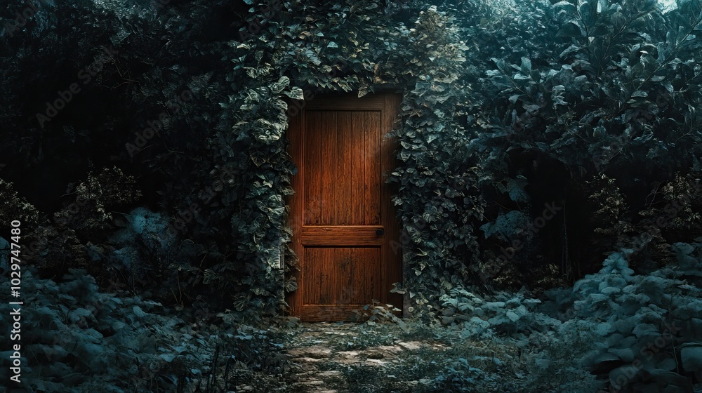 Mysterious Wooden Door in a Lush Forest Mysterious Wooden Door in a Lush Forest