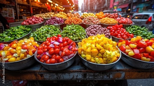 A vibrant display of freshly chopped vegetables, including peppers, tomatoes, and onions, arranged in metal bowls at a bustling street market photo