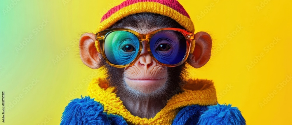 Fototapeta premium A stylish monkey wearing colorful glasses and a vibrant outfit against a bright, cheerful background.
