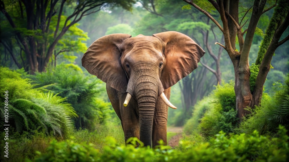 Fototapeta premium Close-up photo of a majestic elephant standing in a lush green forest, wildlife, elephant, nature, animal, jungle, safari