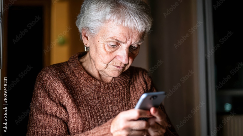 Senior woman using smartphone in dimly lit room, elderly person learning to use a mobile phone Senior woman using smartphone in dimly lit room, elderly person learning to use a mobile phone