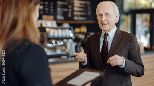 Businessman in a Cafe: A confident older businessman in a suit engages in a conversation with a young professional in a cafe, creating a dynamic image of mentorship, experience.