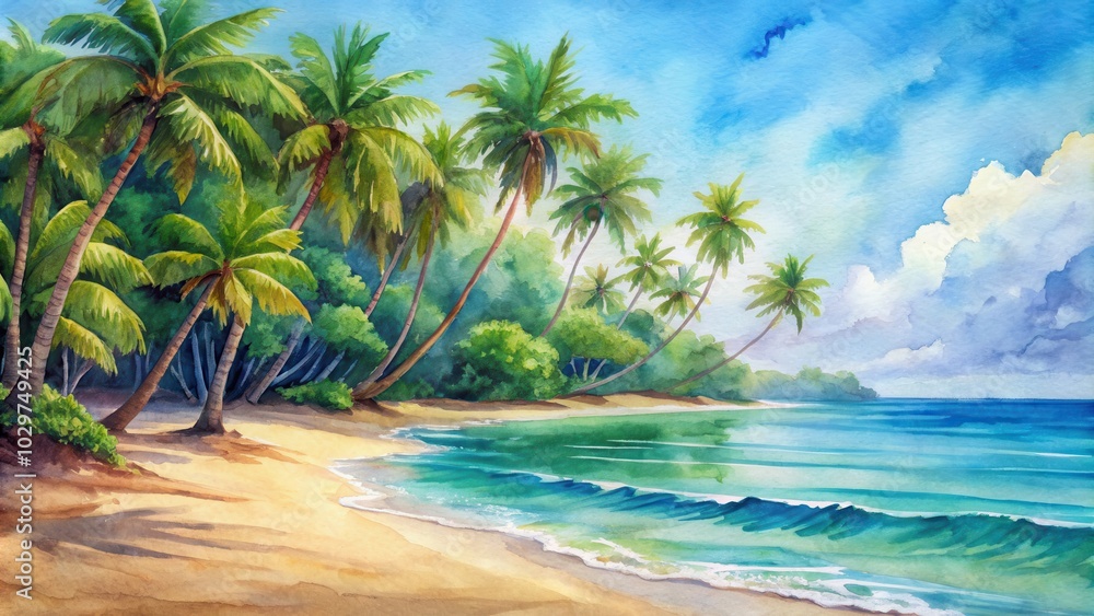 Obraz premium Watercolor painting of a tropical seaside landscape with blue water, green palm trees, and sandy beach, tropical, seaside