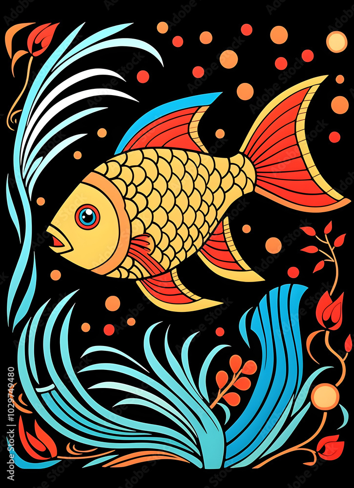 Fototapeta premium Bunter Zierfisch mit floralen Elementen im Cartoon-Stil (KI generiert)