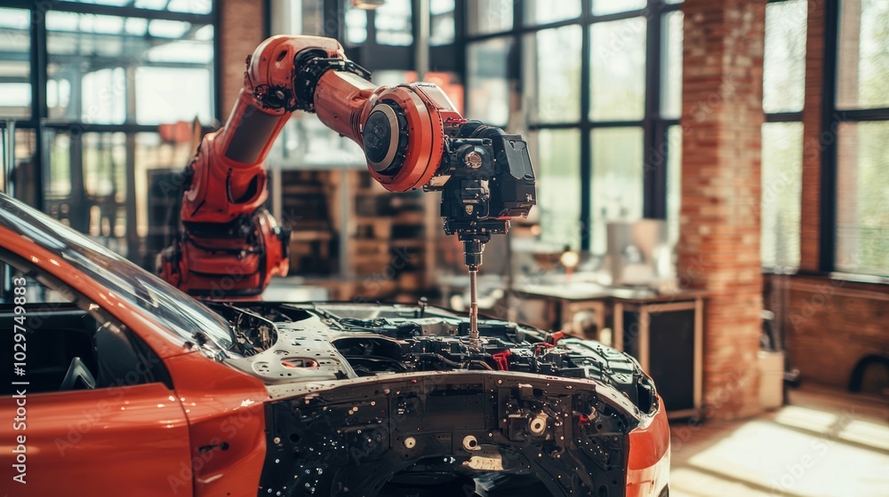 Fototapeta premium Robotic precision: Red robotic arm assembling car engine