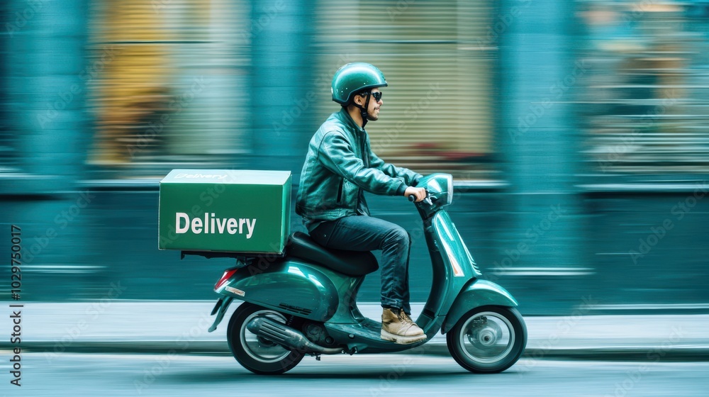 Fototapeta premium Fast Delivery Scooter Rider in City Street 
