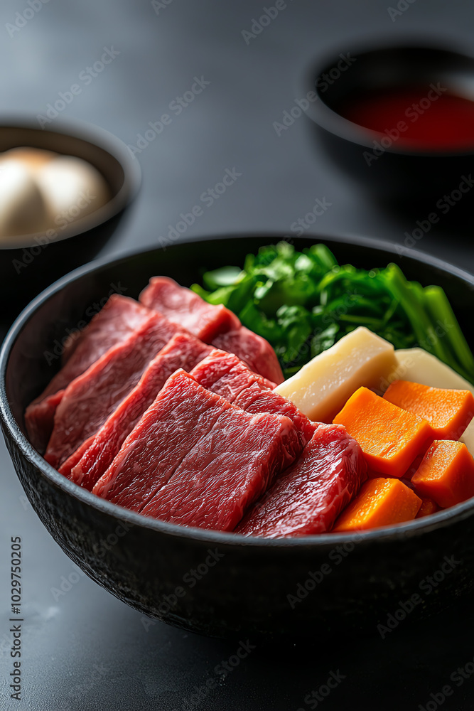 Sliced meat and vegetables in a bowl Sliced meat and vegetables in a bowl