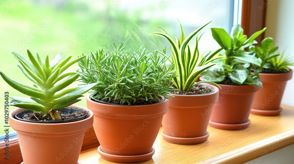 Windowsill Garden Serenity: Five potted plants, including a succulent, rosemary, and spider plant, thrive in a sunlit windowsill, creating a tranquil and refreshing indoor garden scene. Windowsill Garden Serenity: Five potted plants, including a succulent, rosemary, and spider plant, thrive in a sunlit windowsill, creating a tranquil and refreshing indoor garden scene.