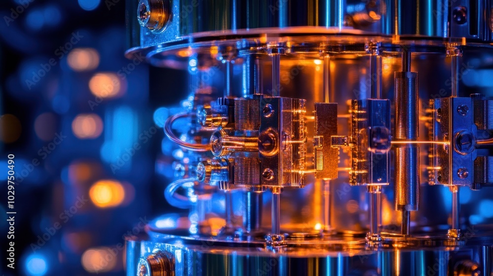 Close-up of a complex scientific instrument with intricate gears and mechanisms glowing with orange and blue light. Close-up of a complex scientific instrument with intricate gears and mechanisms glowing with orange and blue light.