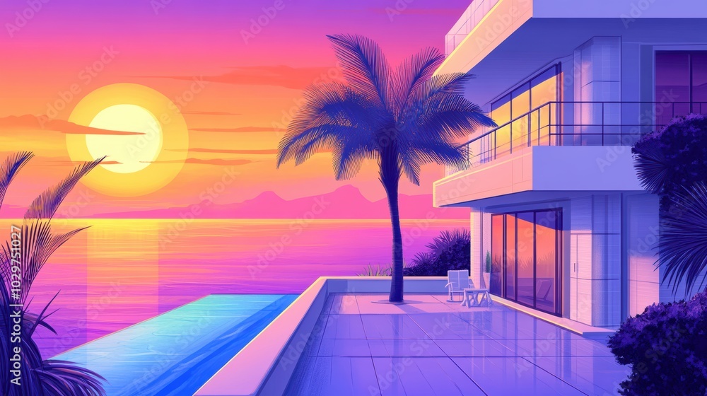 Obraz premium Vibrant sunset view from a modern balcony with palm trees and an infinity pool, overlooking the serene ocean landscape.