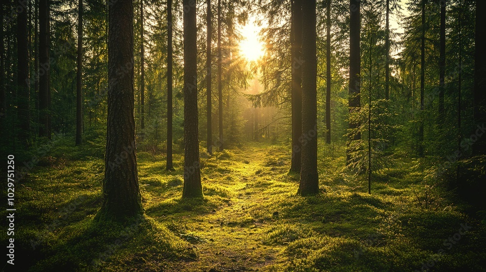 Obraz premium Serene Forest Scene with Sunlight Filtering Through Trees