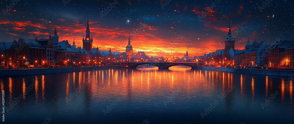 A serene sunset over a cityscape, reflecting vibrant colors on the river. A serene sunset over a cityscape, reflecting vibrant colors on the river.
