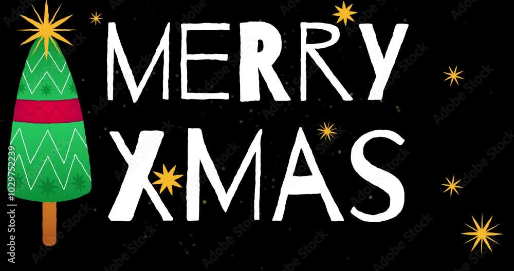 Animation of merry smas text over christmas decoration on black background Animation of merry smas text over christmas decoration on black background