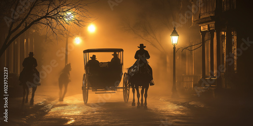 Cowboys riding horses and carriage in foggy street at night