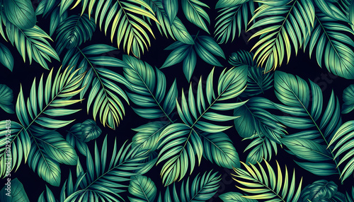 Tropical seamless pattern with palm leaves. Exotic jungle design background trendy floral stylish art isolated with white highlights, png