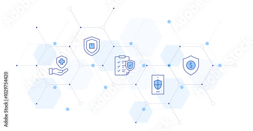 Insurance Banner Vector Illustration with Icon Style in Between. Line Duotone icon. Containing clipboard, phone, shield, insurance, hand