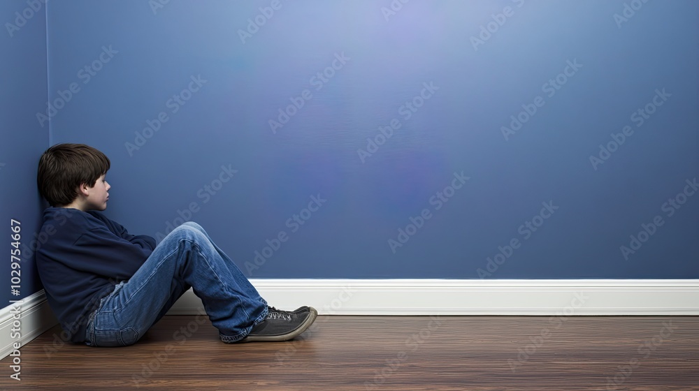 A boy loneliness sitting alone in a corner of a room. A boy loneliness sitting alone in a corner of a room.