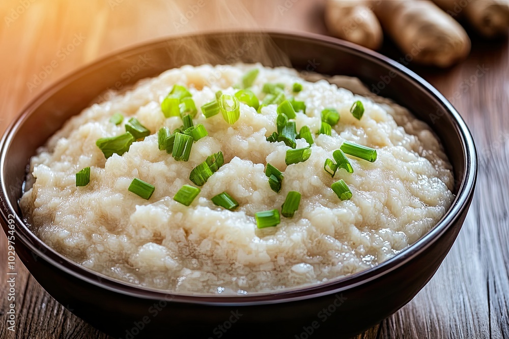 A bowl of steaming rice porridge topped with chives. A bowl of steaming rice porridge topped with chives.