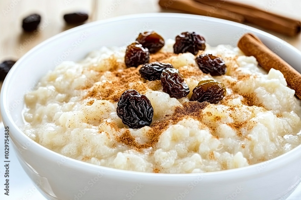 Creamy oatmeal topped with raisins and cinnamon. Creamy oatmeal topped with raisins and cinnamon.