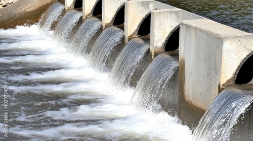 Water flowing over a series of concrete weirs.