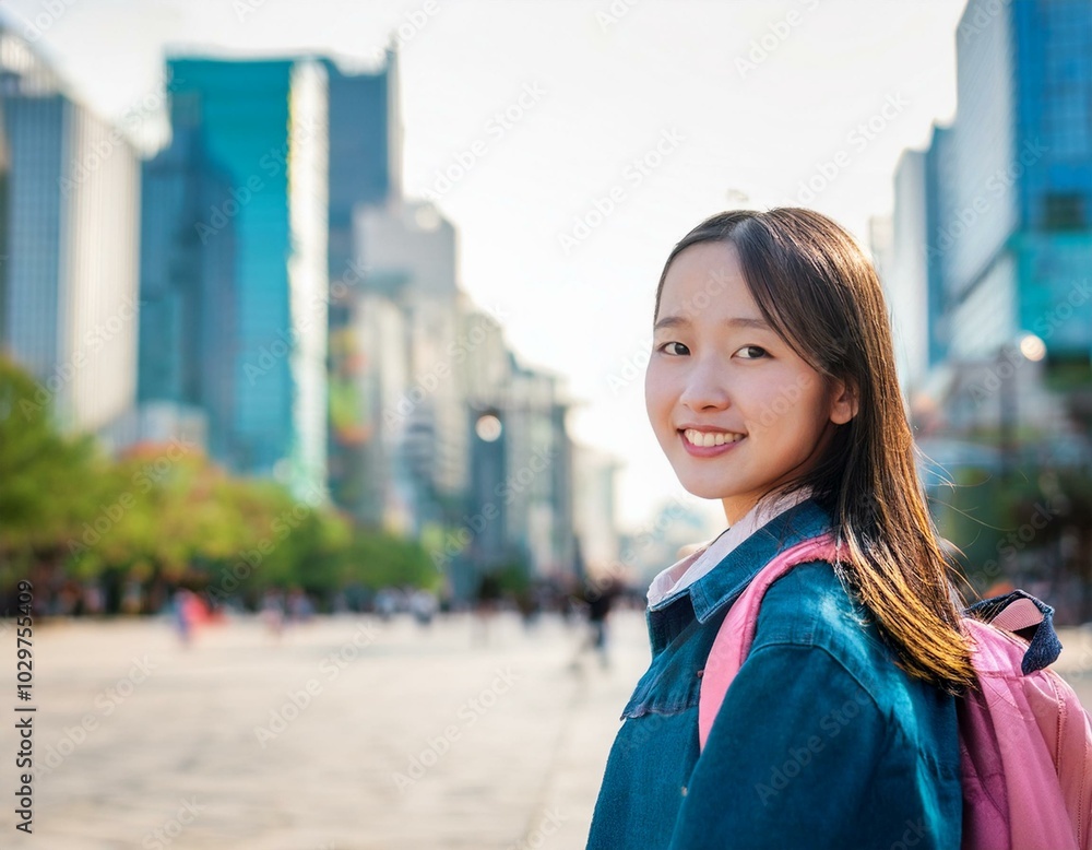 portrait of a Korean girl student, city background portrait of a Korean girl student, city background