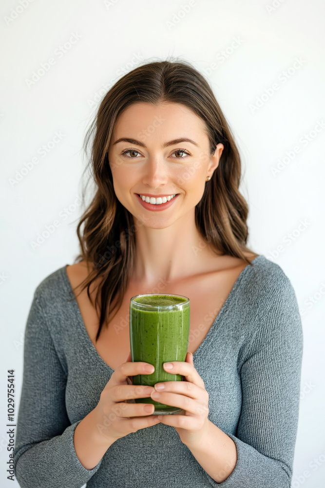 Woman Holding Green Smoothie, Promoting Healthy Eating, Wellness, Nutrition, Lifestyle Concept