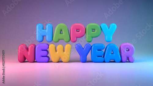 A vibrant and colorful depiction of the words 'HAPPY NEW YEAR'. The letters are rendered in a 3D, inflated style, with each letter having a distinct color.