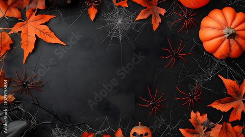 Happy halloween flat lay mockup with spiders, decoration and spider web on black background. Autumn holiday concept composition. Top view with copy space