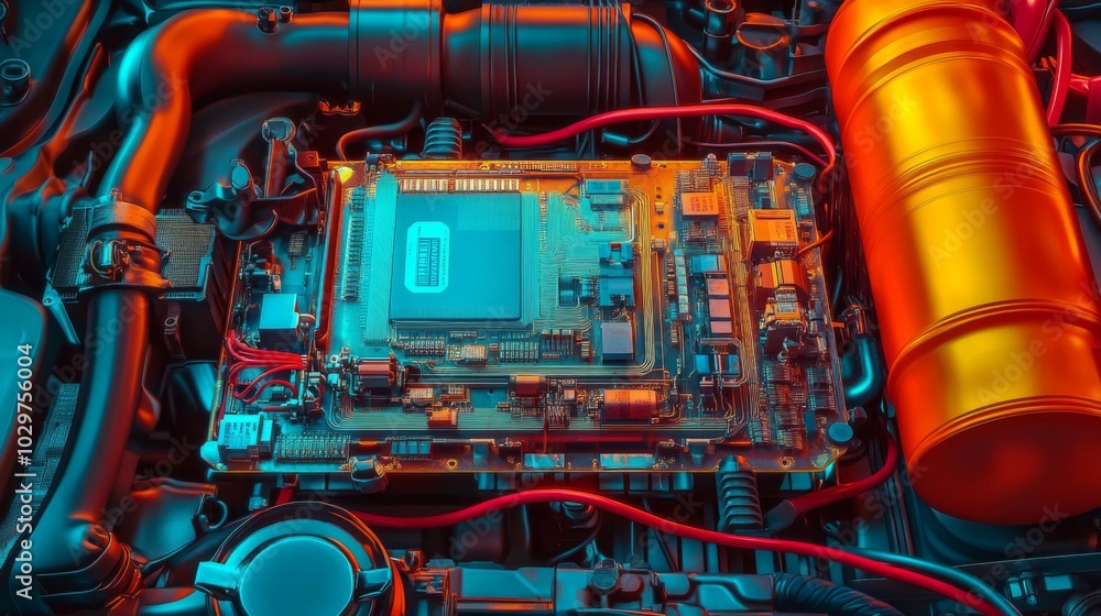 Fototapeta premium Close-up computer circuit board center car engine is A car's control
