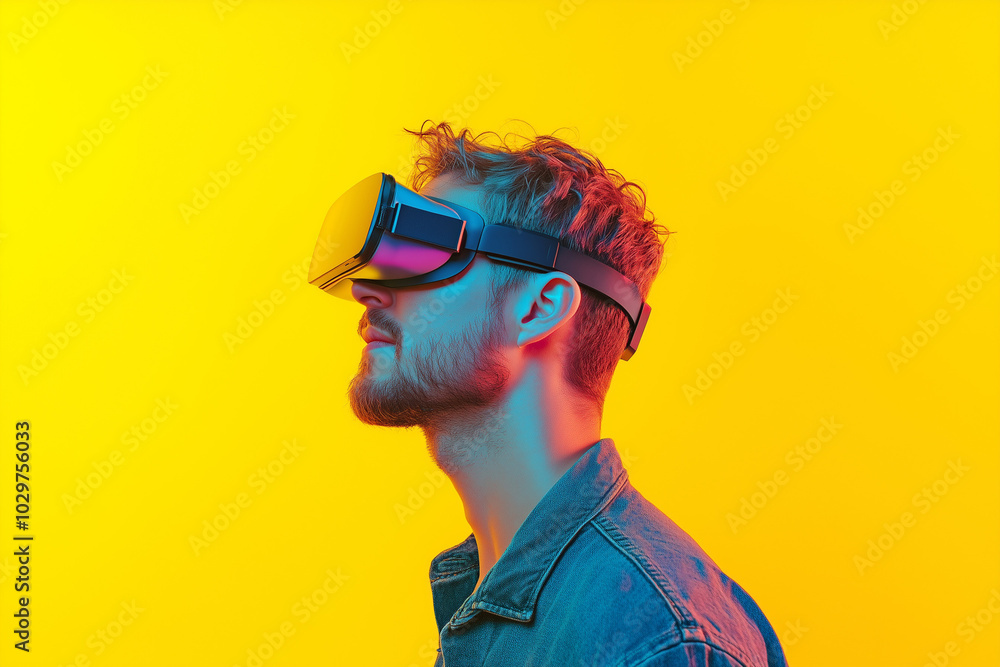 man wearing futuristic VR headset isolated on yellow background man wearing futuristic VR headset isolated on yellow background