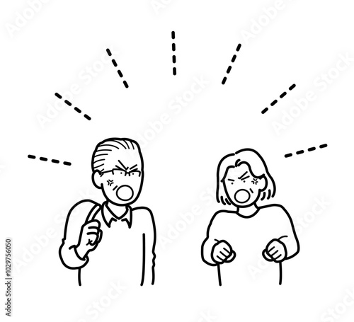夫婦喧嘩をする高齢の夫婦のイラスト　線画のみ