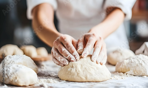 Close-up of a baker's hands kneading dough, with several other dough balls in the background, covered in flour.