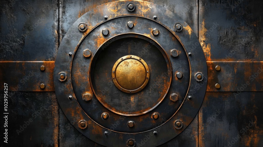 Close-up large round metal door porthole center appears Close-up large round metal door porthole center appears