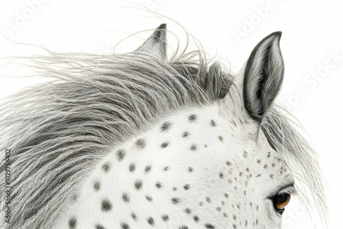 Close-up of a dappled grey horse's head with mane blowing in the wind.