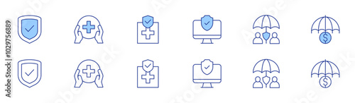 Insurance icon set in two styles, Duotone and Thin Line style. Editable stroke. monitor, insurance, shield, healthcare, health insurance