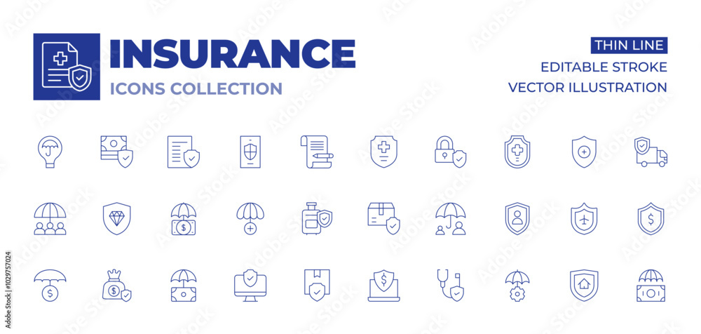 Insurance icons collection. Thin Line icons, editable stroke. investment insurance, jewelry, money bag, protection, life insurance, luggage, money, monitor, package Insurance icons collection. Thin Line icons, editable stroke. investment insurance, jewelry, money bag, protection, life insurance, luggage, money, monitor, package