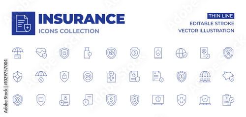 Insurance icons collection. Thin Line icons, editable stroke. health insurance, safety, secure, security, shield, social security, insurance