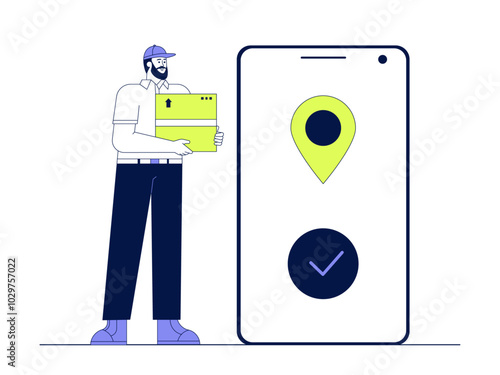 Delivery man arrives at location. Delivery illustration. Flat vector illustration