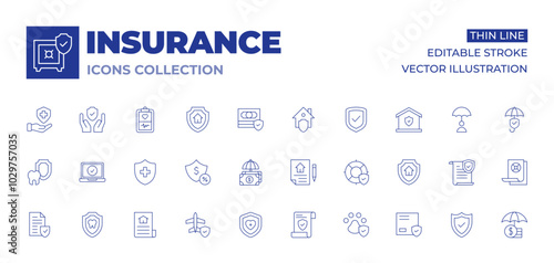 Insurance icons collection. Thin Line icons, editable stroke. shield, insurance, document, health insurance, medical insurance, check mark, check, dental insurance