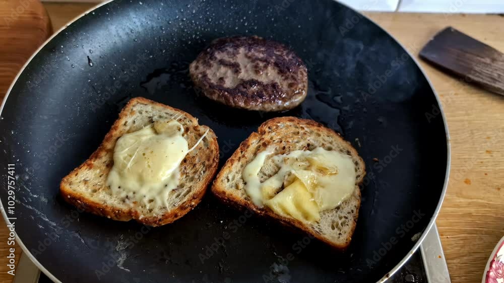 a breakfast sandwich with cheese and beef on a frying pan with oil, a home-cooked dish a breakfast sandwich with cheese and beef on a frying pan with oil, a home-cooked dish