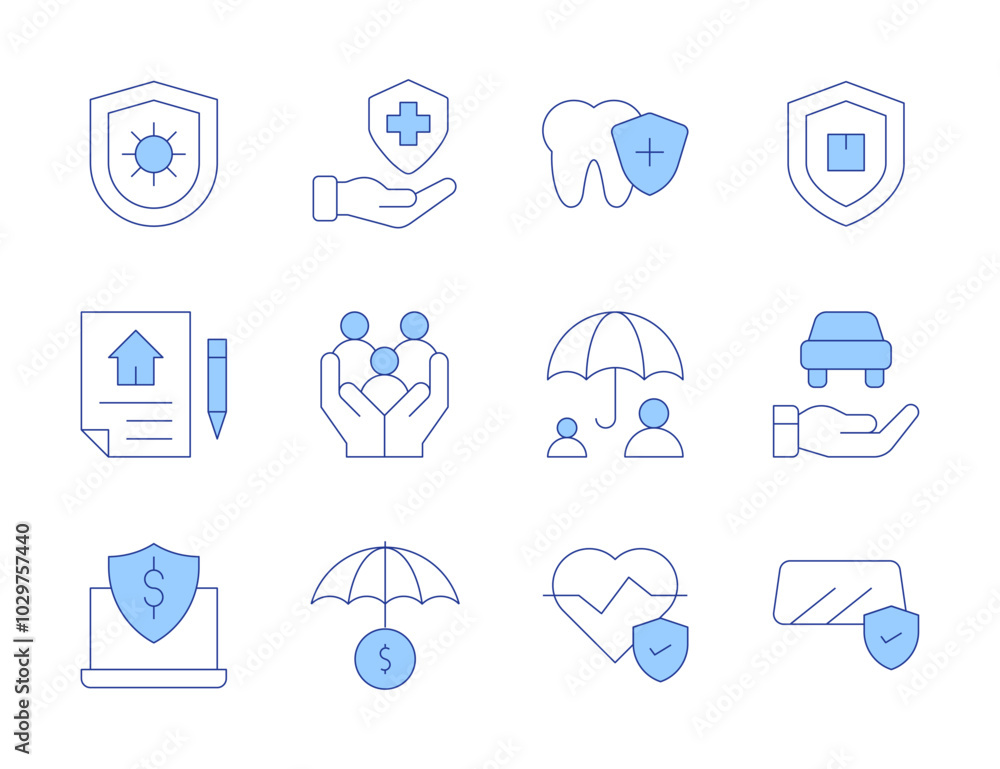 Insurance icons. Line Duotone style, editable stroke. family, health insurance, protection, insurance, hand, dental care, car, coronavirus Insurance icons. Line Duotone style, editable stroke. family, health insurance, protection, insurance, hand, dental care, car, coronavirus
