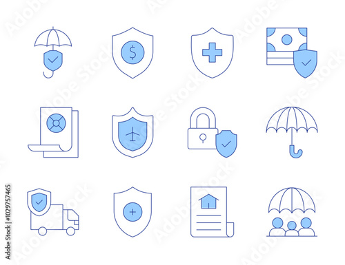 Insurance icons. Line Duotone style, editable stroke. protection, shield, social security, padlock, travel insurance, truck, insurance, document, health insurance