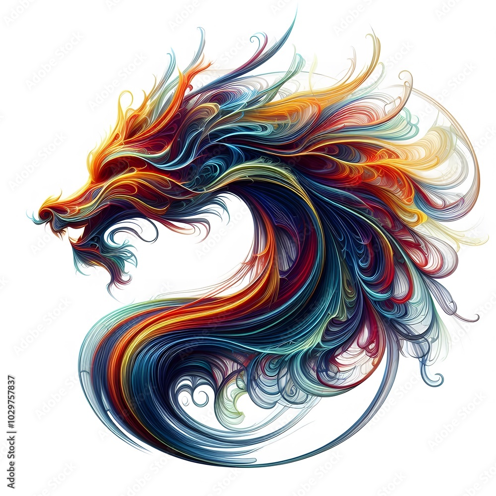 AI Generated of Abstract colorful dynamic fire lines isolated on White Background forming Dragon head AI Generated of Abstract colorful dynamic fire lines isolated on White Background forming Dragon head