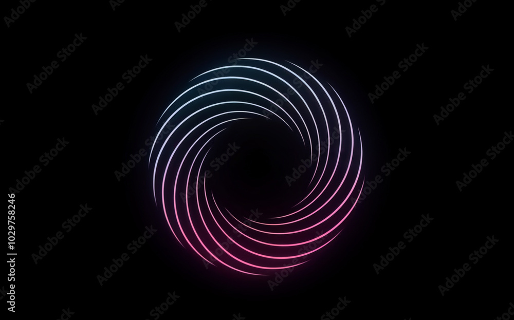 Naklejka premium A vibrant, neon-colored spiral or vortex, predominantly in shades of blue and pink, set against a pitch-black background. 