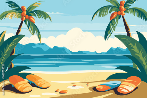 tropical beach scene with flip flops and flippers free vector 